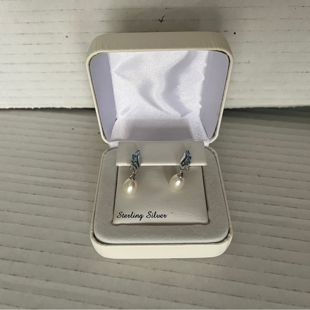 Sterling Silver Pearl and blue topaz earrings